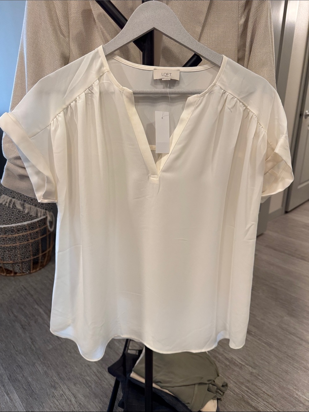 LOFT Ivory Short-Sleeve Notch V-Neck Blouse